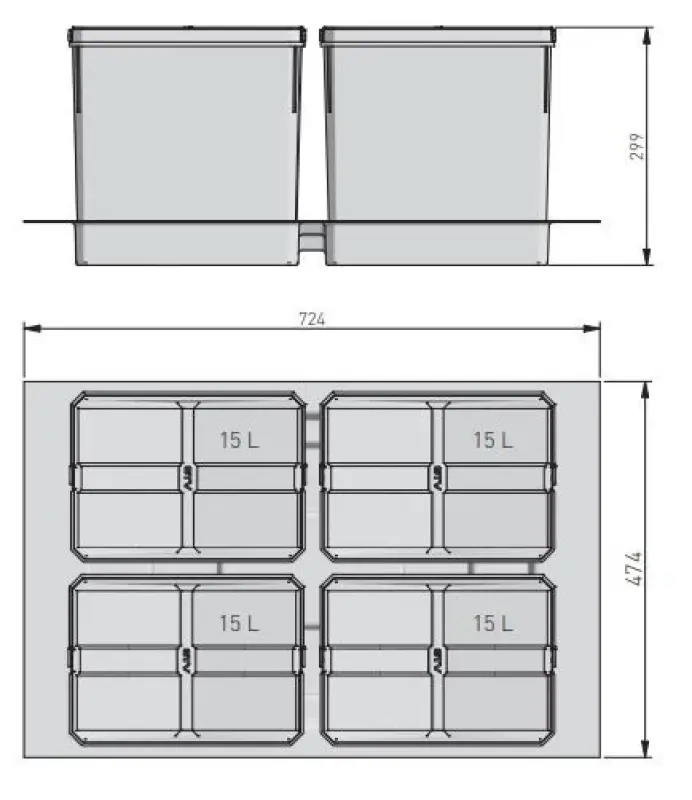 Sistema de separação de lixo Garbi Basket B-80-4-G para gaveta de 80 cm, incluindo suporte e 4 recipientes de lixo de 15 litros 1208957478.