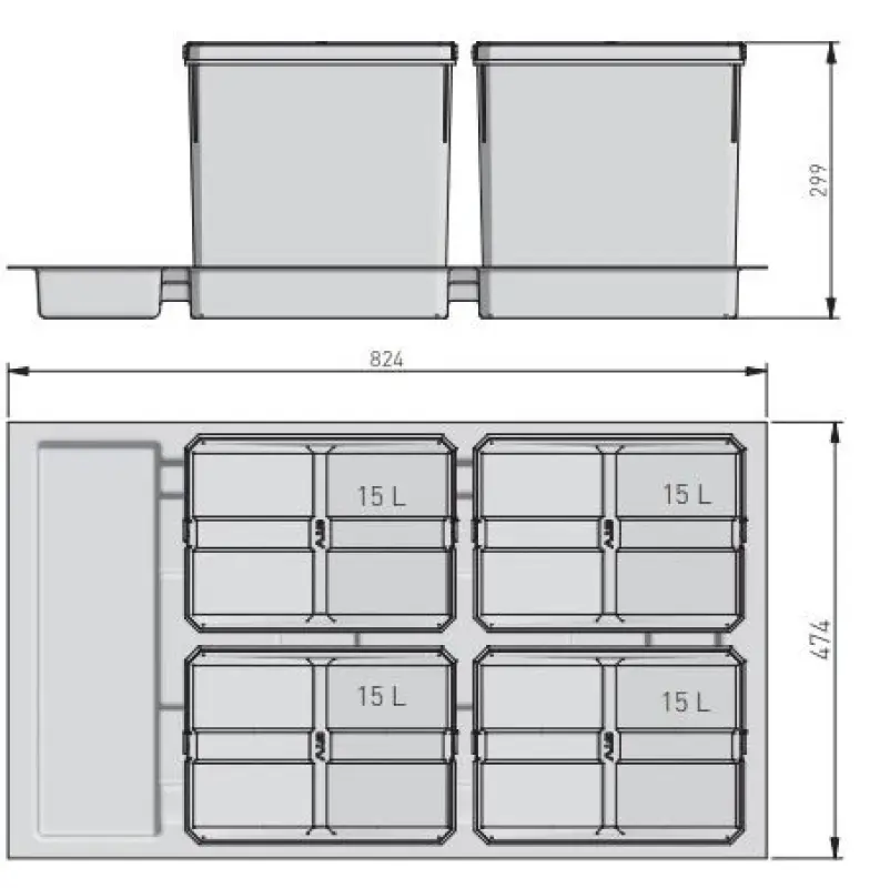 Sistema de separação de resíduos Garbi Basket B-90-4 para gaveta de 90 cm, incl. suporte e 4 x 15 litros lixeiras 1208957479