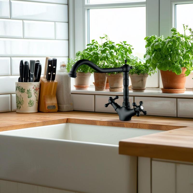 AquaTrimo Windsor torneira de cozinha clássica nostálgica com bico angular preto fosco 21WS7531SW