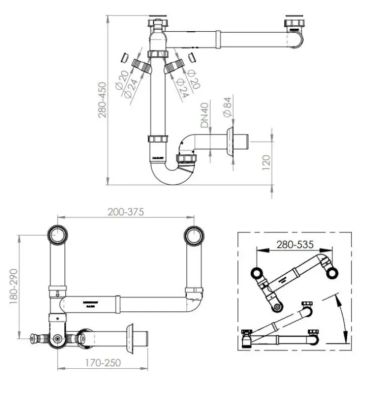 Ausmann double Siphon space-saving sink siphon for the kitchen with air vent and 2 dishwasher connections 1208957662
