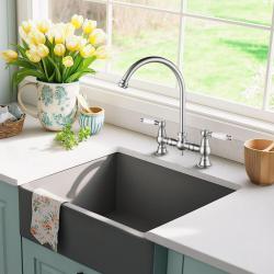 AquaTrimo Country Torneira Clássica de Cozinha Nostálgica de 2 Furos com Bica Arqueada Cor Inox 21CT7655NM