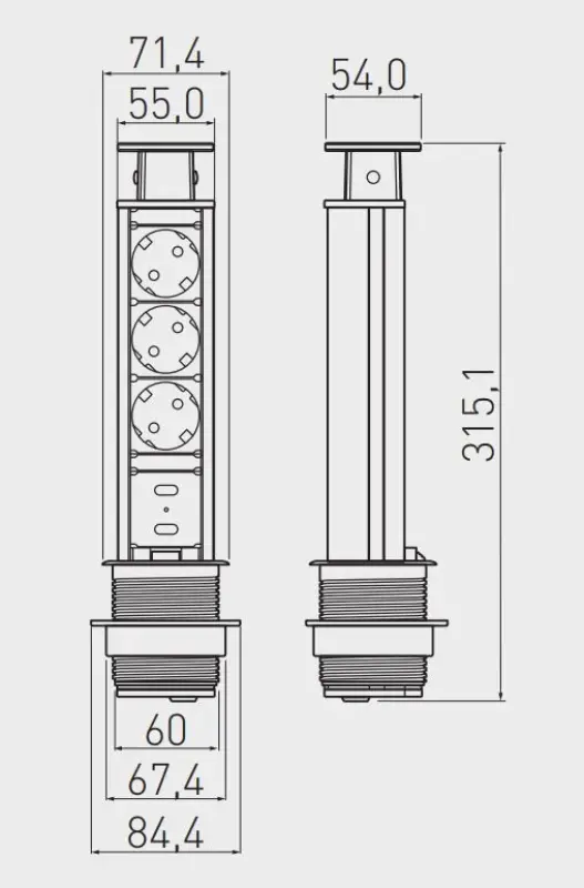 Indux Up & Down pequeno tomada embutida com aterramento prateada para cozinha na bancada com 3 tomadas e 2 x USB 1208957840