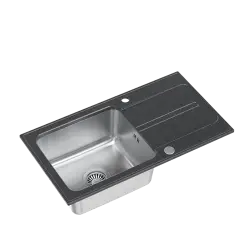 Quadri Fusion pia embutida em aço inoxidável com escorredor de granito pontilhado preto 78x43 reversível 1208957879