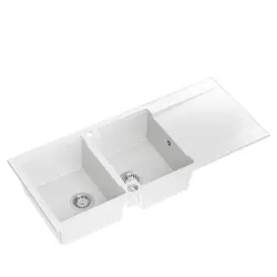 Quadri Luton pia dupla de granito branca com escorredor 116x50 cm com plugue de aço inoxidável 1208957882
