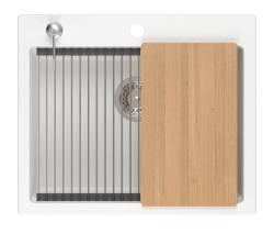Quadri Durham pia de granito branco 595x500 com dispensador de sabão, tábua de cortar e tapete enrolável 1208957903