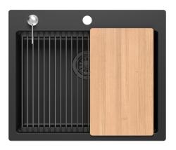 Quadri Durham pia de granito preto 595x500 com dispensador de sabão, tábua de corte e tapete enrolável 1208957904.