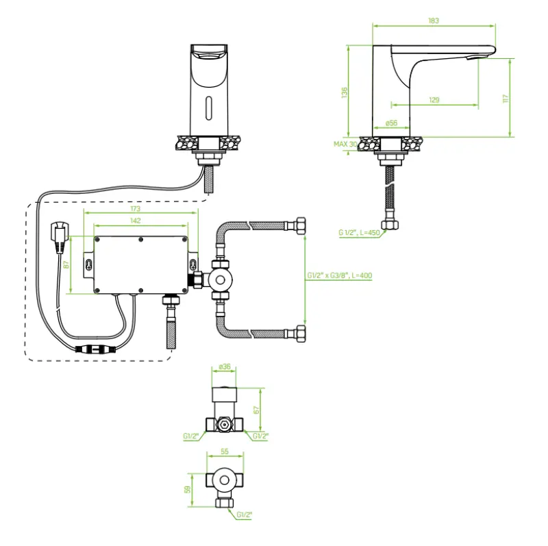 Aquadesign Sensor basin tap with water mixing valve battery operated or mains powered chrome 1208958163