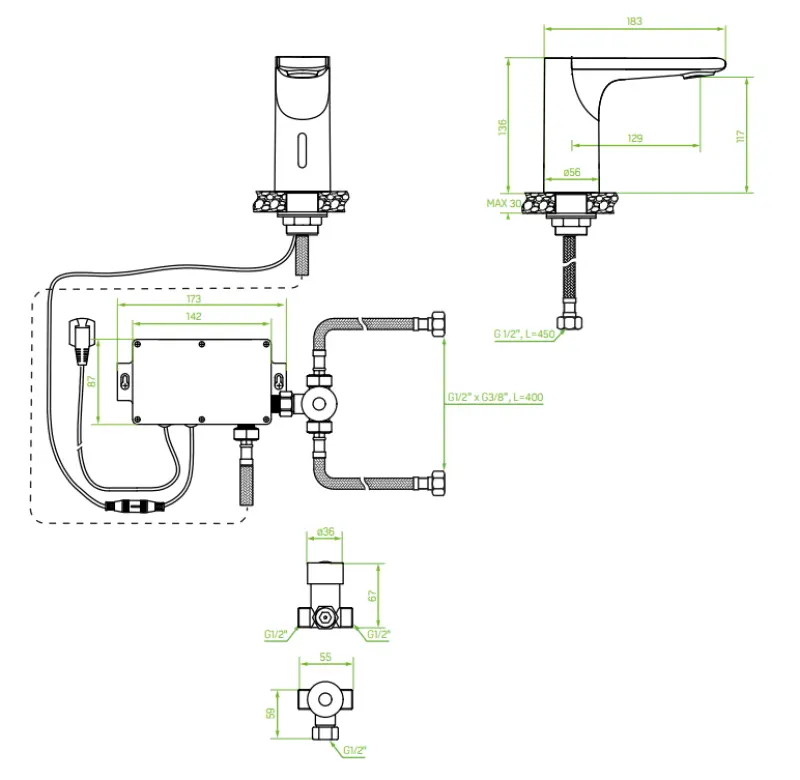 Aquadesign Sensor basin tap with water mixing valve battery operated or mains powered black 1208958190