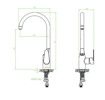Torneira de cozinha com filtro Aquadesign em cromo com conexão para água filtrada 3-vias 1208958194