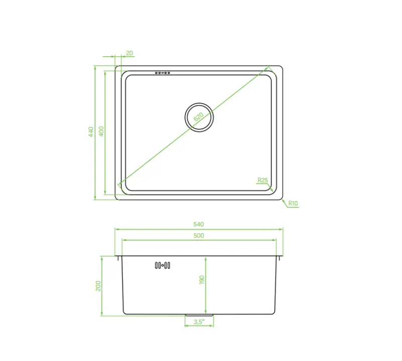 Aquadesign R25 pia de aço inoxidável para montagem em superfície, montagem inferior e montagem nivelada 50x40cm 1208958208