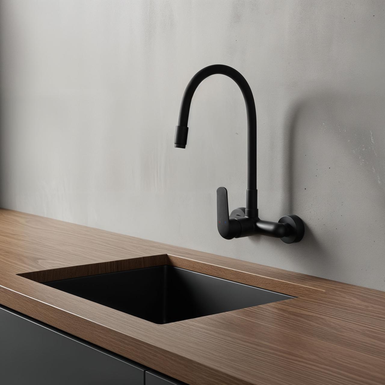 Aquatrimo Chopin torneira de parede com bica alta flexível fosca preta 21CP8462SW - Productafbeelding 2