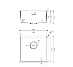 Lorreine BQ série pia 44x41cm embutida preta com plugue de inox 40BQ37-FU-INOX