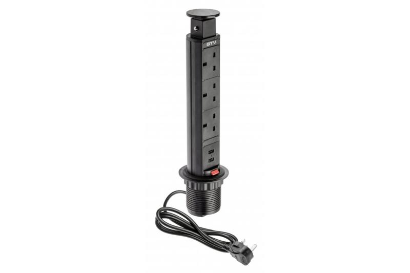 Cabo de extensão para mortise de secretária 60 mm, 3x tomada UK, 2xUSB 2,1A 5V (preto) VERSÃO EM INGLÊS 1208958628