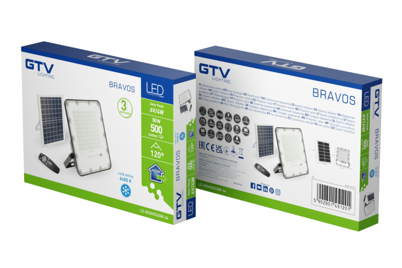 Holofote LED solar BRAVOS, 50W, 500lm, 6400K, IP65, 120°, painel solar, controle remoto, 3y 1208962684