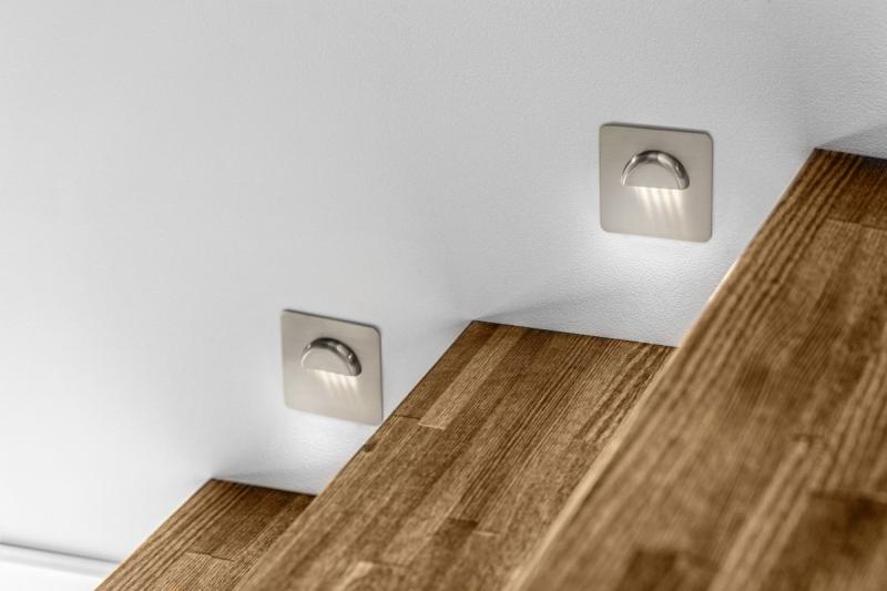Decor LED staircase fixture ESCADA KA DC12V square transparent cover 0 8W 70lm 4000K inox cable 150cm