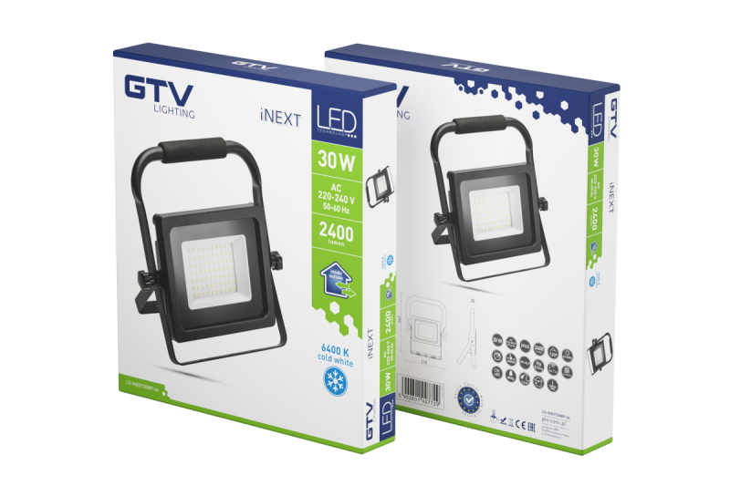 Holofote LED iNEXT (portátil) 30W 2400lm, PF>0,9, RA>80, IP65, 120°, 6400K, corpo preto 1208962861