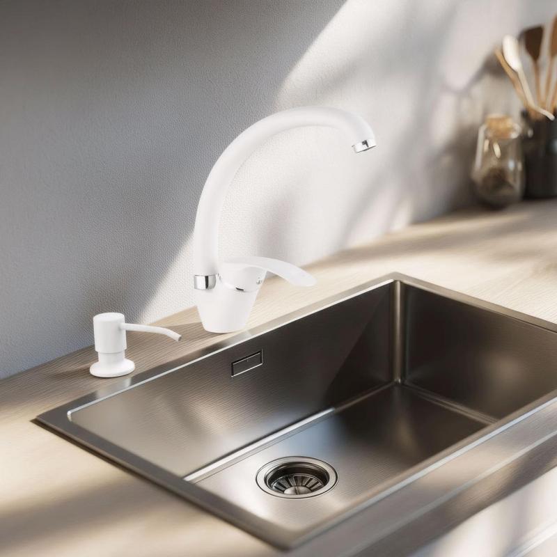 Quadri misturador de cozinha branco com dispensador de sabão embutido e cesto ajustável branco 1208966928