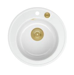 Quadri Norwich granito branco pia redonda de sobrepor com ralo dourado e válvula de drenagem push to open 1208967043