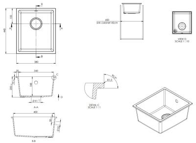 GraniteMy Universal pia de granito branco 34x40 cm, montagem superior, montagem inferior e montagem nivelada com tampa de aço inoxidável 1208967107.