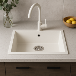 GraniteMy Universal pia de granito branca 55x40 cm branca de sobrepor, embutir e nivelar com tampa de aço inoxidável 1208967109