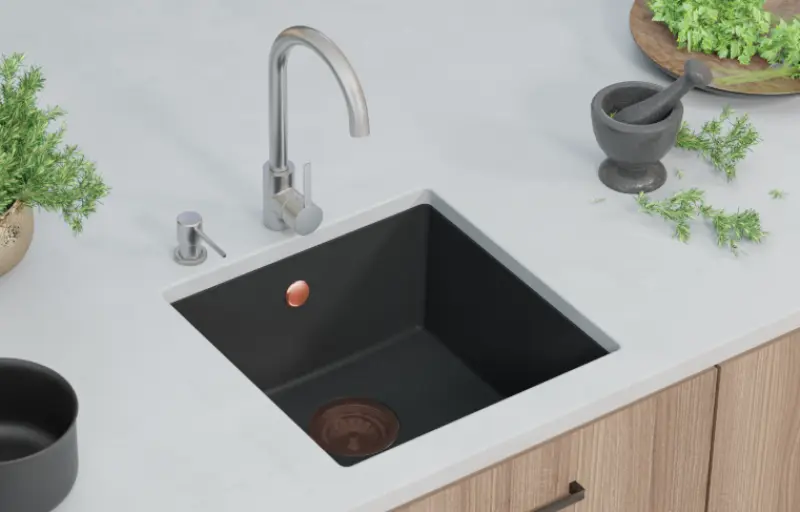 GraniteMy Universal pia de granito preta 40x40 cm preto montagem superior, embutida e nivelada com plugue de cobre 1208967114