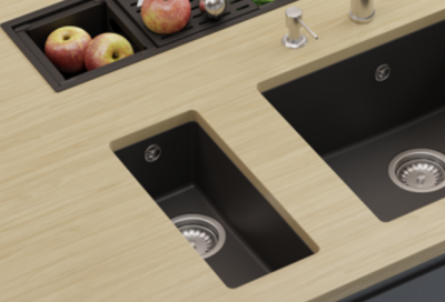 GraniteMy Universal pia pequena de granito preto 17x40 cm preta para instalação sobreposta, embutida ou nivelada com plugue dourado 1208967142