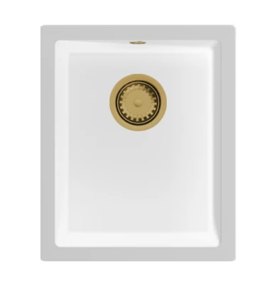 GraniteMy Universal pia de granito branca 34x40 cm branco, montagem superior, montagem inferior e montagem nivelada com plugue dourado 1208967149