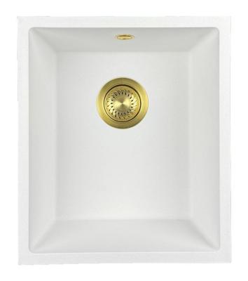 GraniteMy Universal pia de granito branca 34x40 cm branco, montagem superior, montagem inferior e montagem nivelada com plugue dourado 1208967149