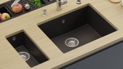 GraniteMy Universal pia de granito preta 55x40 cm preta para montagem superior, montagem inferior e montagem nivelada com ralo dourado 1208967151