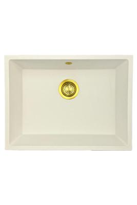 GraniteMy Universal pia branca de granito 55x40 cm branca para montagem de sobrepor, embutir e nivelar com plugue dourado 1208967155