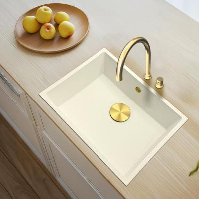 GraniteMy Universal pia branca de granito 55x40 cm branca para montagem de sobrepor, embutir e nivelar com plugue dourado 1208967155