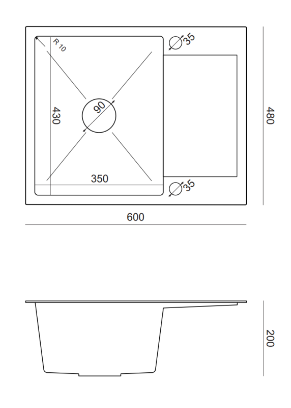 Quadri Dixton 80 Black PVD Nano stainless steel sink 600x480 mm with drainer, reversible 1208967197