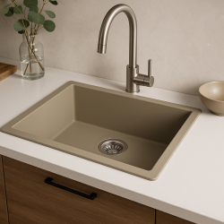 GraniteMy Universal pia de granito taupe 50x40 cm sobrepor, embutir e nivelar com tampão inox 1208967223