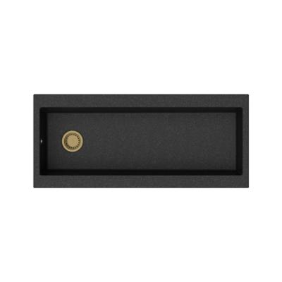 GraniteMy Trog pia de granito preta muito grande 116x50 cm preta de montagem superior com bancada para torneira com ralo dourado 1208967239