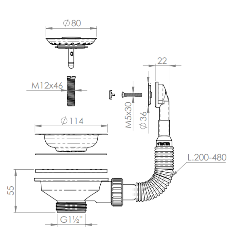 Granitemy basket strainer set PVD brushed gold, sink drain set incl. round and rectangular overflow 1208967251