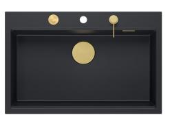 Quadri Hard Rock pia grande de granito preto fosco 76x50cm, incluindo ralo dourado e acessórios 1208967277