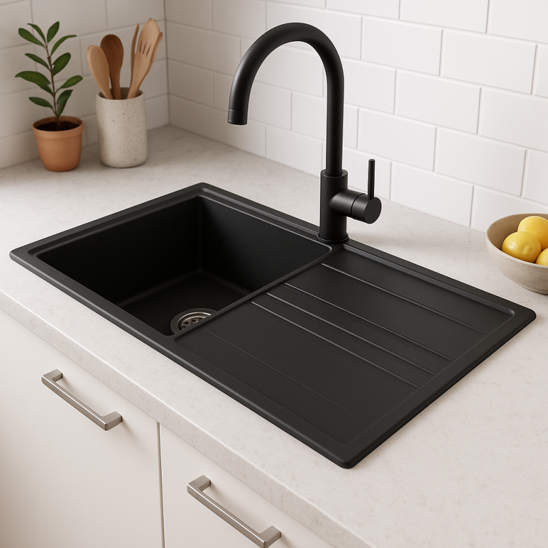 GraniteMy Vesi granite built-in black sink 86x50cm with drainer reversible with stainless steel plug 1208967279