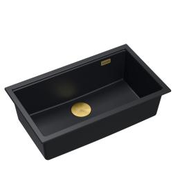 Quadri Newport II pia grande e profunda de granito para instalação sobreposta e embutida, cor preta, dimensão 76x45cm, com válvula dourada 1208967307.