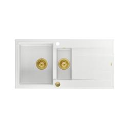 Quadri Luton pia de granito branco de sobrepor 1,5 cuba com escorredor reversível 100x50cm com válvula dourada 1208967348