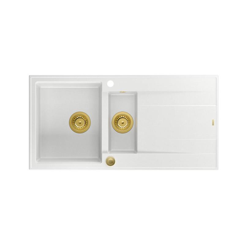 Quadri Luton white granite inset 1.5 kitchen sink with draining board reversible 100x50cm with golden plug 1208967348
