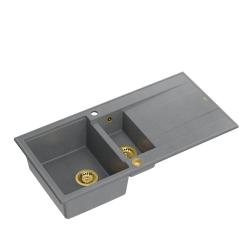 Quadri Luton cinza granito de sobrepor 1,5 cuba com escorredor reversível 100x50cm com válvula dourada 1208967351