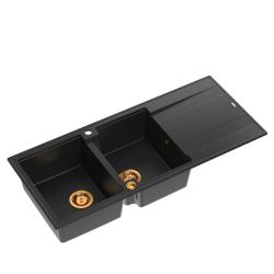 Quadri Luton pia dupla de granito preto com escorredor 116x50 cm com plugue de cobre 1208967357