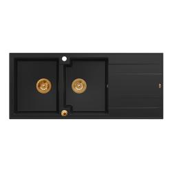 Quadri Luton pia dupla de granito preto com escorredor 116x50 cm com plugue de cobre 1208967357