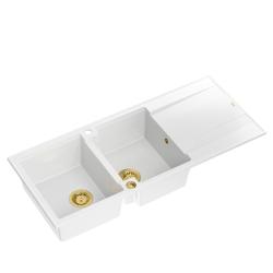 Quadri Luton pia dupla de granito branca com escorredor 116x50 cm com ralo dourado 1208967358