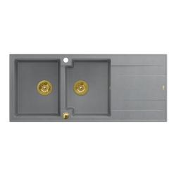 Quadri Luton pia dupla de montagem em granito cinza com escorredor 116x50 cm com plugue dourado 1208967361