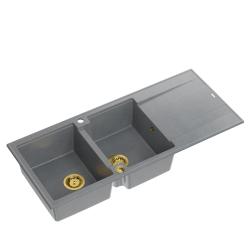 Quadri Luton pia dupla de montagem em granito cinza com escorredor 116x50 cm com plugue dourado 1208967361