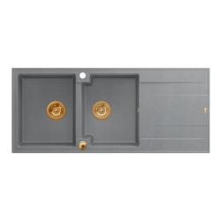 Quadri Luton montagem de bancada pia dupla em granito cinza com escorredor 116x50 cm com tampão de cobre 1208967362