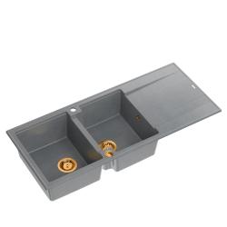 Quadri Luton montagem de bancada pia dupla em granito cinza com escorredor 116x50 cm com tampão de cobre 1208967362