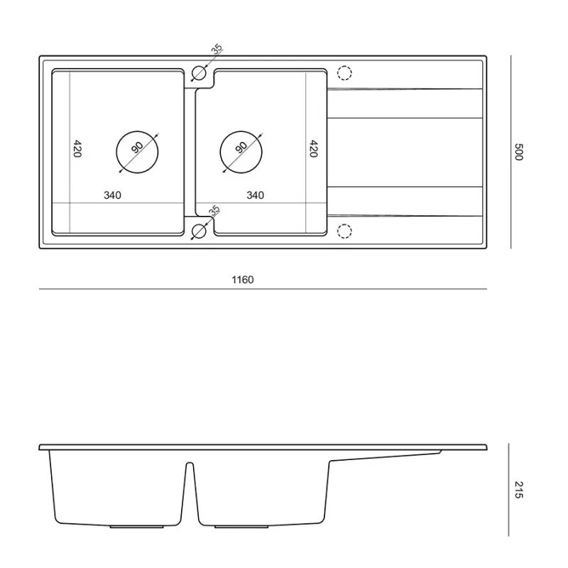 Quadri Luton anthracite inset double granite sink with drainer, stainless steel plug and push to open siphon 116x50 cm 1208967363