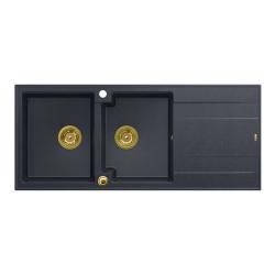 Quadri Luton montagem de bancada pia dupla de granito antracite com escorredor 116x50 cm com válvula dourada 1208967364